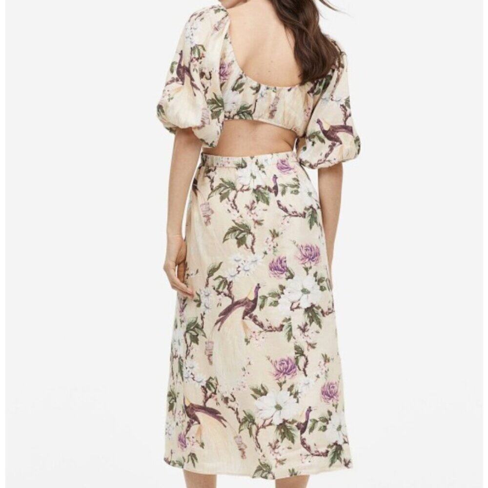 NWT H&M Voluminous Cut-Out Floral Puff Sleeve Linen Dress Size XS - Picture 7 of 7